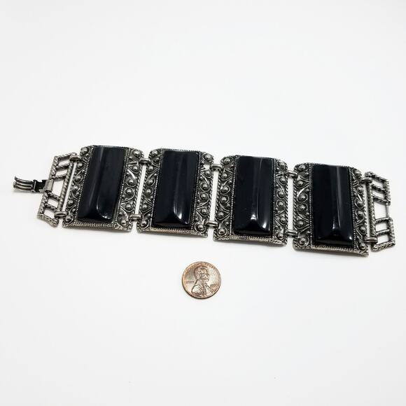 Vintage Selro Style Bracelet, Raised Lucite Black Panels, Chunky Wide - Picture 7 of 10